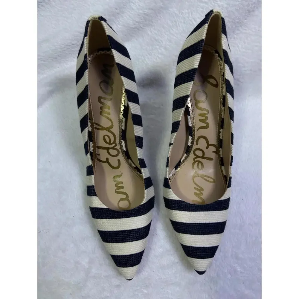 Sam Edelman black white 4" Stripe Heels Stiletto Sz. 7 M US 37 EU Women’s Canvas - Picture 3 of 11